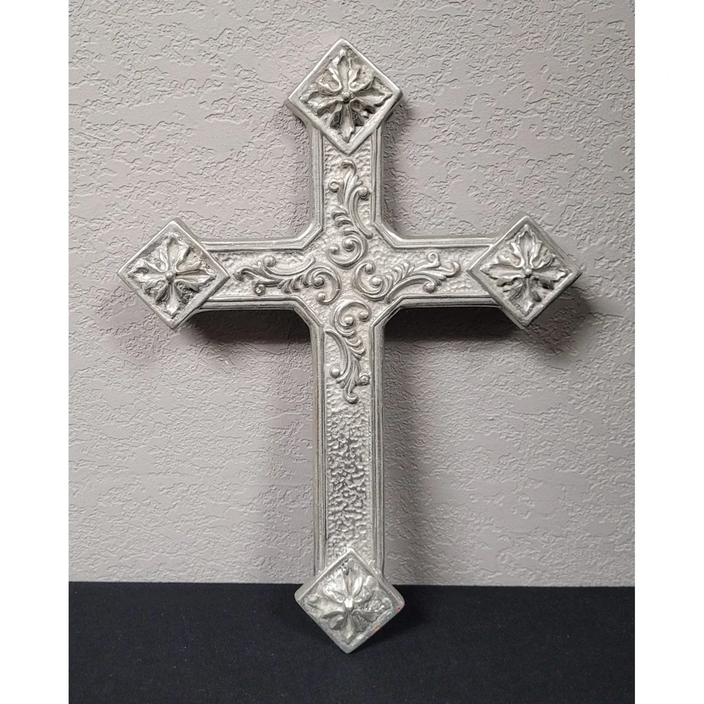 Vintage 1990s Mexican Pewter Wall Cross 13.5